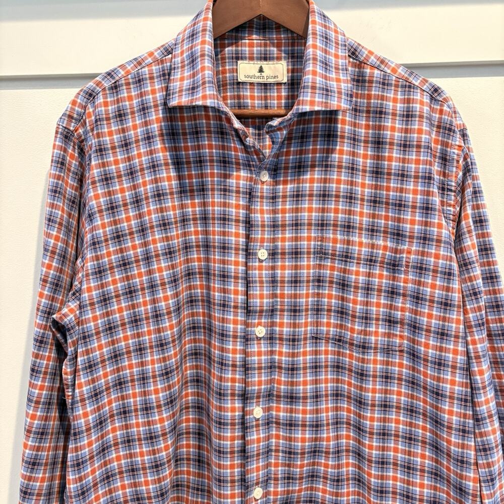 Southern Pines Mens XL Plaid Button Front Shirt Blue Orange Check Casual Office‎